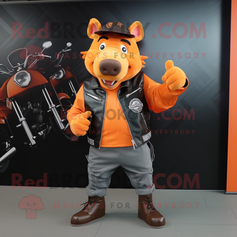 Orange Wild Boar mascot costume character dressed with a Biker Jacket and Clutch bags