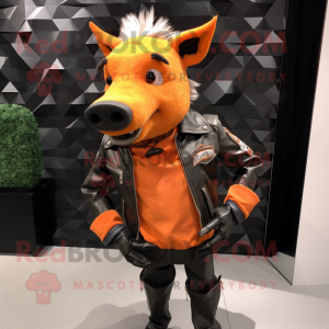 Orange Wild Boar mascot costume character dressed with a Biker Jacket and Clutch bags