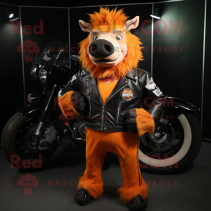 Orange Wild Boar mascot costume character dressed with a Biker Jacket and Clutch bags