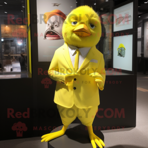 Yellow Canary mascot costume character dressed with a T-Shirt and Lapel pins