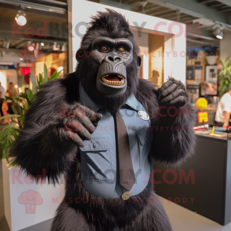 Black Gorilla mascot costume character dressed with a Button-Up Shirt and Tie pins Black Gorilla mascot costume character dressed with a Button-Up Shirt and Tie pins