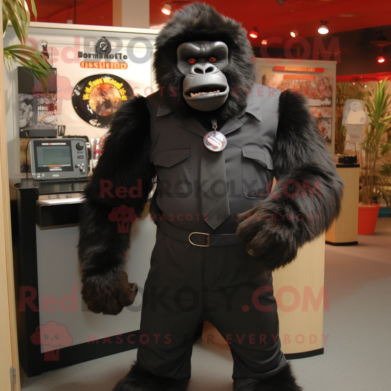 Black Gorilla mascot costume character dressed with a Button-Up Shirt and Tie pins Black Gorilla mascot costume character dressed with a Button-Up Shirt and Tie pins