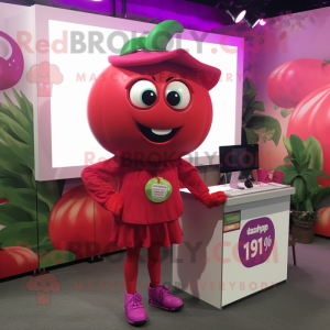 Magenta Tomato mascot costume character dressed with a Playsuit and Earrings
