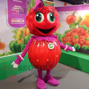 Magenta Tomato mascot costume character dressed with a Playsuit and Earrings