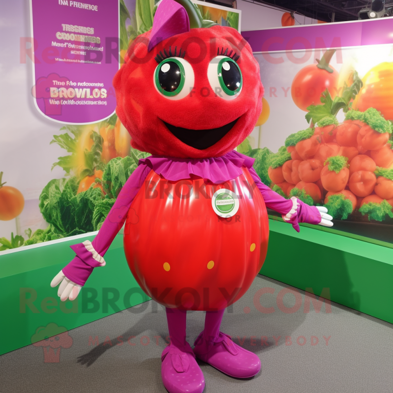 Magenta Tomato mascot costume character dressed with a Playsuit and Earrings Magenta Tomato mascot costume character dressed with a Playsuit and Earrings