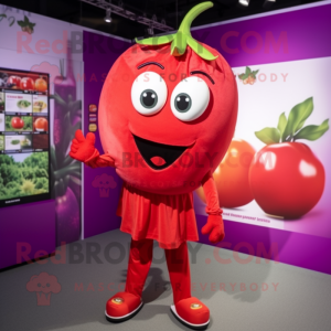 Magenta Tomato mascot costume character dressed with a Playsuit and Earrings