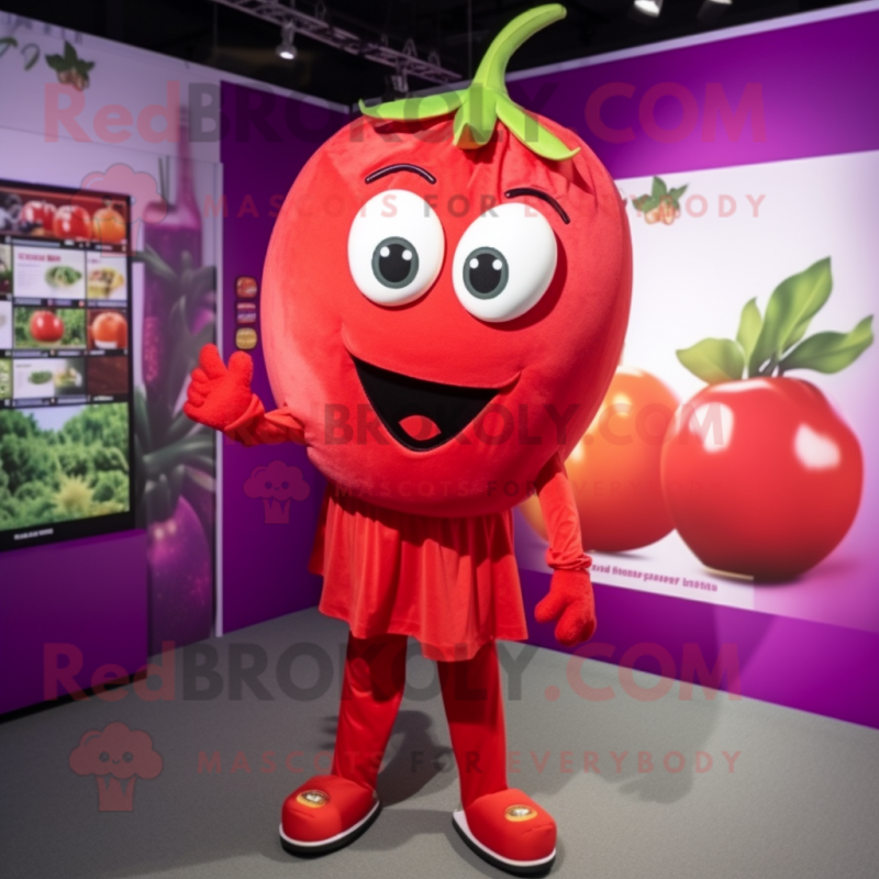 Magenta Tomato mascot costume character dressed with a Playsuit and Earrings Magenta Tomato mascot costume character dressed with a Playsuit and Earrings
