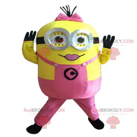 Minions mascotte, gekleed in roze uit de film "Ik, lelijk en