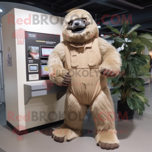 Beige Giant Sloth mascot costume character dressed with a Jumpsuit and Wallets