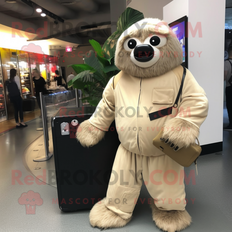 Beige Giant Sloth mascot costume character dressed with a Jumpsuit and Wallets