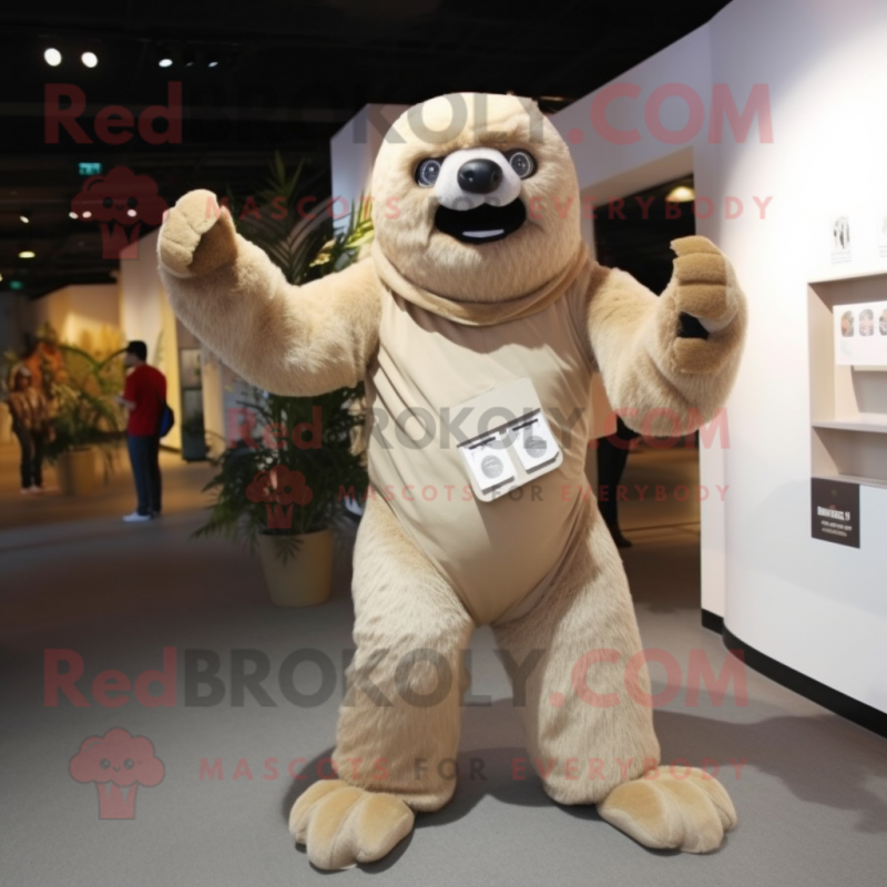 Beige Giant Sloth mascot costume character dressed with a Jumpsuit and Wallets Beige Giant Sloth mascot costume character dressed with a Jumpsuit and Wallets