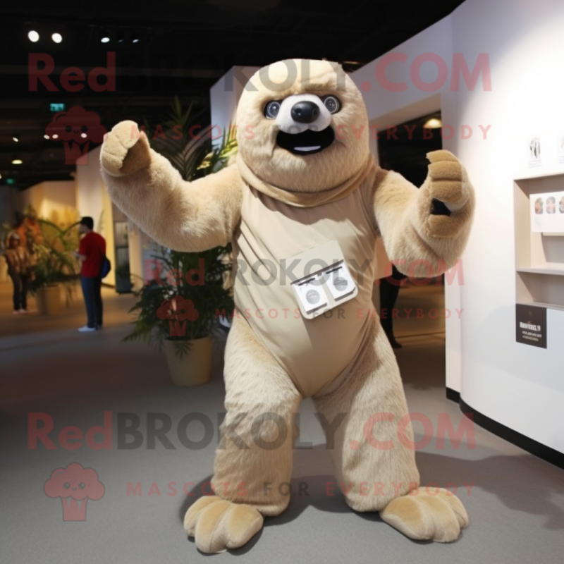 Beige Giant Sloth mascot costume character dressed with a Jumpsuit and Wallets