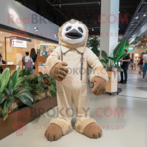 Beige Giant Sloth mascot costume character dressed with a Jumpsuit and Wallets