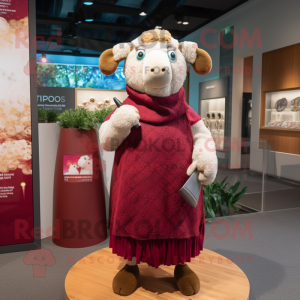 Maroon Merino Sheep mascot costume character dressed with a Shift Dress and Scarves