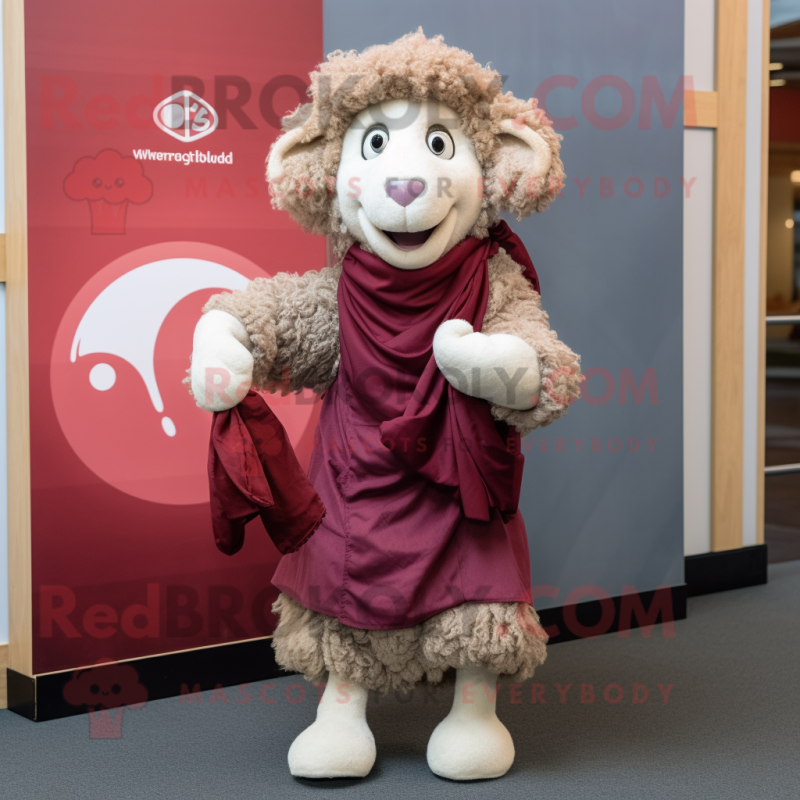 Maroon Merino Sheep mascot costume character dressed with a Shift Dress and Scarves