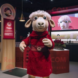 Maroon Merino Sheep mascot costume character dressed with a Shift Dress and Scarves