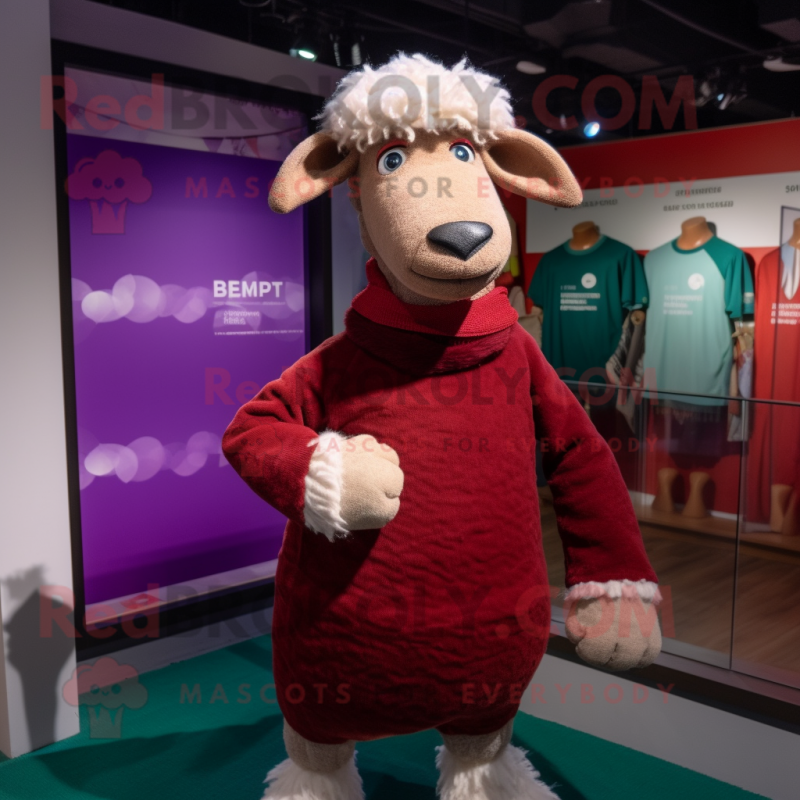 Maroon Merino Sheep mascot costume character dressed with a Shift Dress and Scarves