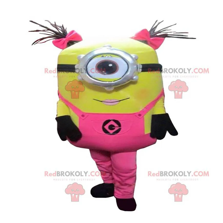 Minions mascot, dressed in pink from the movie "Me, ugly and