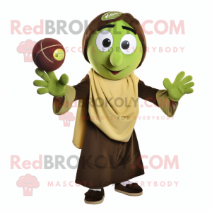 Olive Juggle mascot costume character dressed with a Henley Tee and Shawls