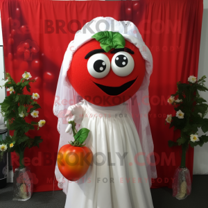 Red Tomato mascot costume character dressed with a Wedding Dress and Shawls