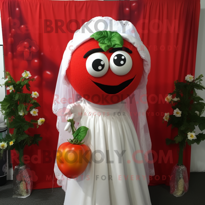 Red Tomato mascot costume character dressed with a Wedding Dress and Shawls Red Tomato mascot costume character dressed with a Wedding Dress and Shawls