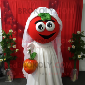 Red Tomato mascot costume character dressed with a Wedding Dress and Shawls