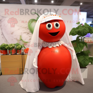 Red Tomato mascot costume character dressed with a Wedding Dress and Shawls