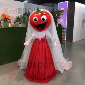 Red Tomato mascot costume character dressed with a Wedding Dress and Shawls