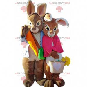2 mascotes de coelhos marrons, casal de coelhos coloridos -