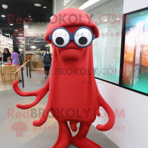 Red Squid mascot costume character dressed with a Sweater and Eyeglasses