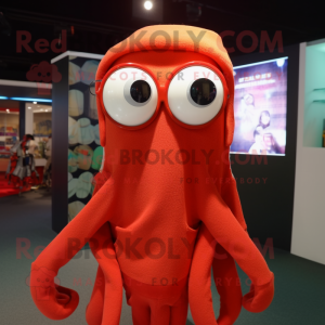 Red Squid mascot costume character dressed with a Sweater and Eyeglasses