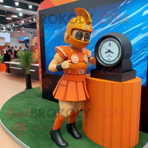 Orange Spartan Soldier mascot costume character dressed with a Pencil Skirt and Bracelet watches