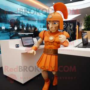 Orange Spartan Soldier mascot costume character dressed with a Pencil Skirt and Bracelet watches