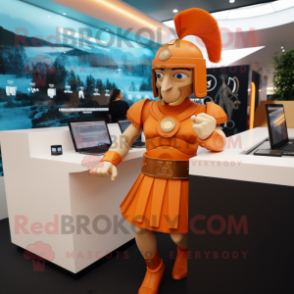 Orange Spartan Soldier mascot costume character dressed with a Pencil Skirt and Bracelet watches