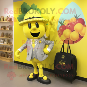 Yellow Grape mascot costume character dressed with a Suit Jacket and Tote bags