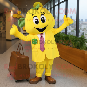 Yellow Grape mascot costume character dressed with a Suit Jacket and Tote bags