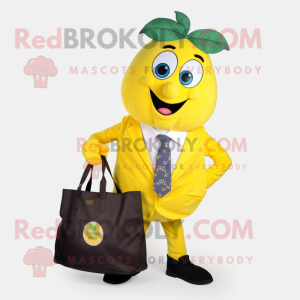 Yellow Grape mascot costume character dressed with a Suit Jacket and Tote bags