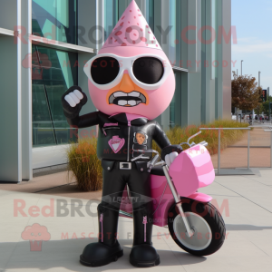 Pink Ice Cream Cone mascot costume character dressed with a Biker Jacket and Shoe clips