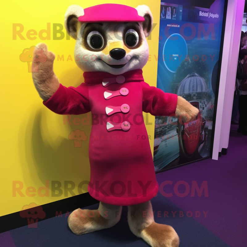 Magenta Meerkat mascot costume character dressed with a Pencil Skirt and Mittens Magenta Meerkat mascot costume character dressed with a Pencil Skirt and Mittens