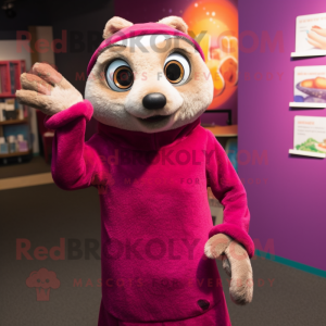 Magenta Meerkat mascot costume character dressed with a Pencil Skirt and Mittens