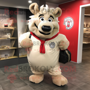 Beige Sow mascot costume character dressed with a Polo Shirt and Clutch bags