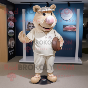 Beige Sow mascot costume character dressed with a Polo Shirt and Clutch bags