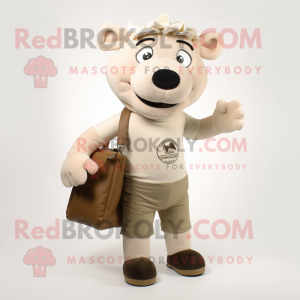 Beige Sow mascot costume character dressed with a Polo Shirt and Clutch bags