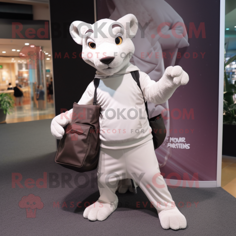 White Thylacosmilus mascot costume character dressed with a Long Sleeve Tee and Handbags