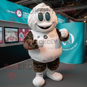 White Oyster mascot costume character dressed with a Rugby Shirt and Smartwatches