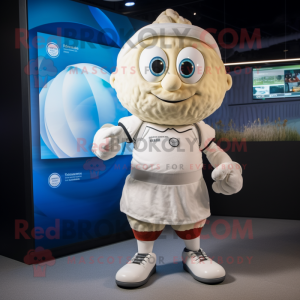 White Oyster mascot costume character dressed with a Rugby Shirt and Smartwatches