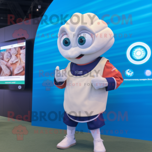 White Oyster mascot costume character dressed with a Rugby Shirt and Smartwatches