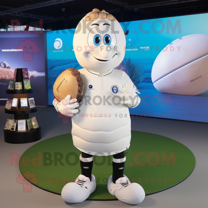 White Oyster mascot costume character dressed with a Rugby Shirt and Smartwatches