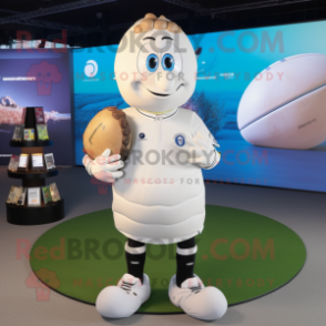 White Oyster mascot costume character dressed with a Rugby Shirt and Smartwatches