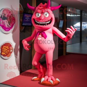 Pink Devil mascot costume character dressed with a Bikini and Tie pins